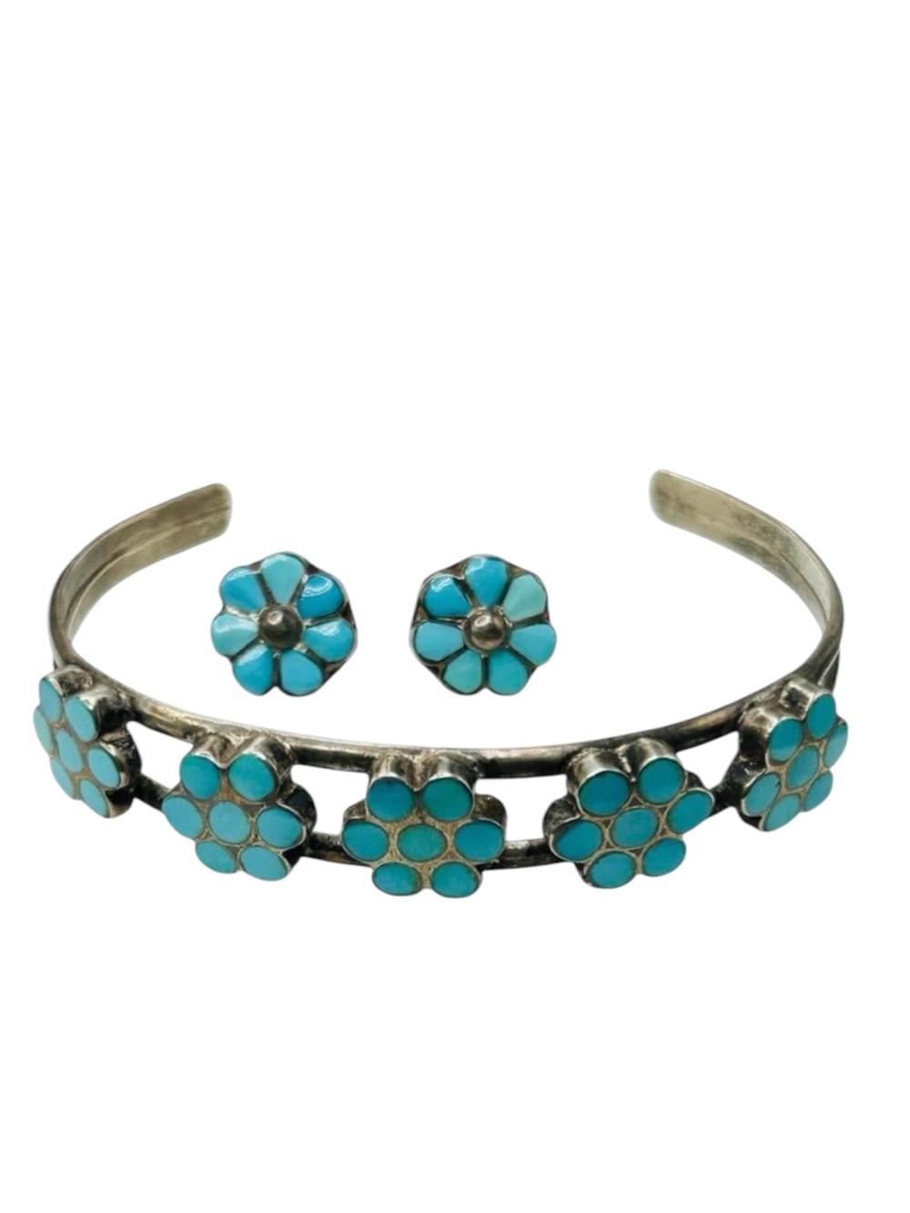 Zuni Dishta Family Sterling Turquoise Flower Bracelet Earring Set